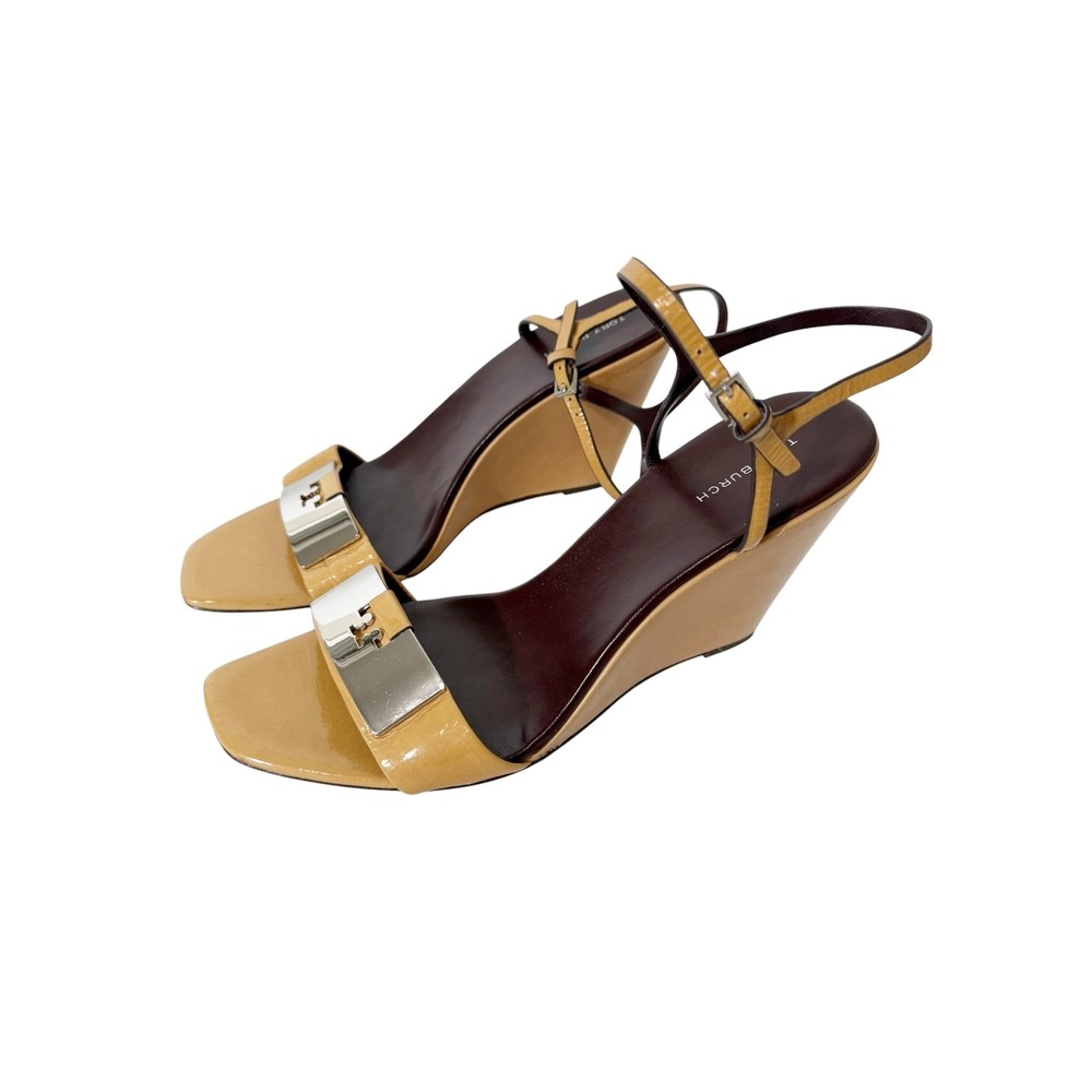 Tory Burch Gigi Womens Patent Leather Cantucci Ankle Strap Wedge Sandal Size 9